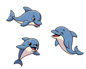 Set of three playful cartoon dolphins in various swimming poses. Ideal for children's designs, educational materials, and marine-themed decorations