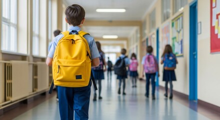 Back to school scene depicting children in a school hallway with backpacks. Ideal for education ads, school safety campaigns, and education-related marketing visuals.