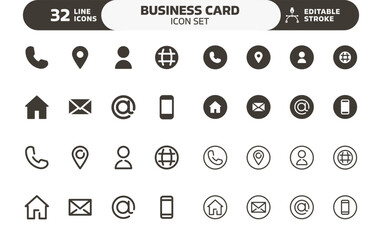 Business card icon set. Thin line editable stroke and flat icons for contact information, personal branding, address, email, phone number, location and social media profiles