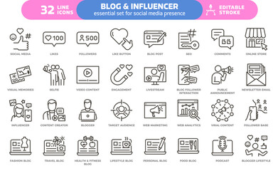 Blog and influencer icon set. Thin line editable stroke icons for social media, content creation, online presence, engagement, blogging, marketing, followers and lifestyle branding