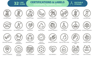 Certifications and product label icon set. Thin line editable stroke icons for sustainability, natural ingredients, ethical sourcing, organic food, clean beauty, eco packaging and non toxic products