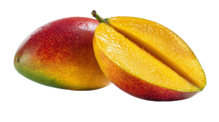 Fresh mango with skin texture and rich yellow color, isolated on tranparent background 