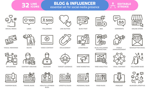 Blog and influencer icon set. Thin line editable stroke icons for social media, content creation, online presence, engagement, blogging, marketing, followers and lifestyle branding