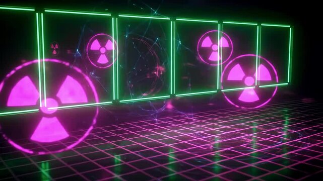 Futuristic neon environment with glowing radioactive symbols and a grid floor creating a digital atmosphere