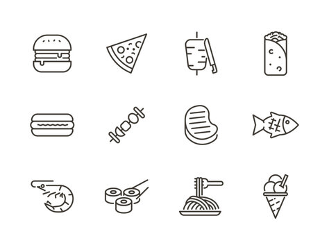 Street food and restaurant icon set. Thin line editable stroke icons for fast food, global cuisine, delivery apps, takeaway, menus and culinary branding - Powered by Adobe