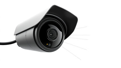 Close up shot of a modern black security camera with a small yellow light on a white background