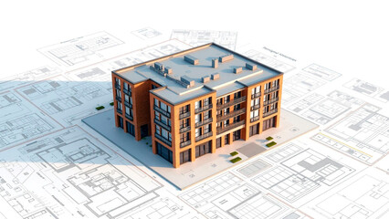 Architectural model of a modern building on top of a blueprint with a white background and soft lighting