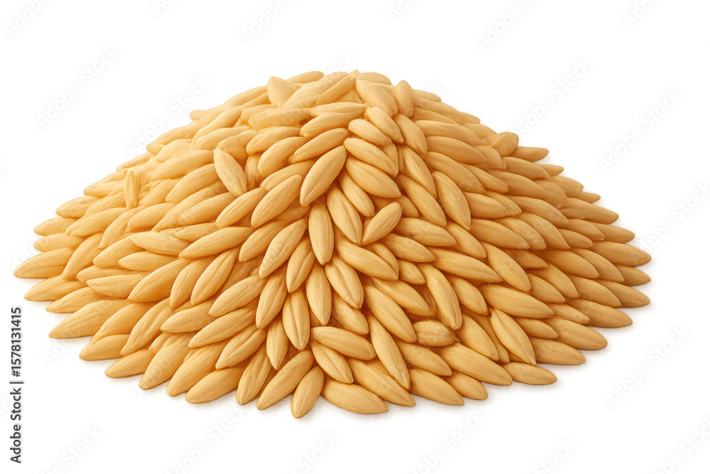 Poster golden rice grains clustered in smooth, rounded heap, presenting polished texture with gleaming gold