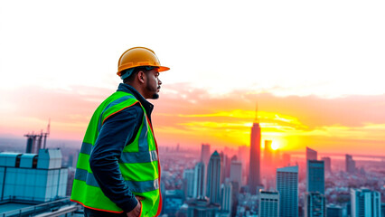 Construction worker overlooking the cityscape at sunset wearing a safety vest and hard hat on a rooftop
