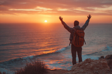 Fototapeta premium Hiker celebrates ocean sunset, achieving goals. Inspiring travel, adventure.