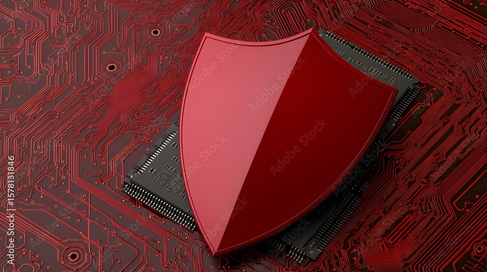 Poster a red shield sits atop a dark red circuit board, symbolizing the protection of sensitive data and di