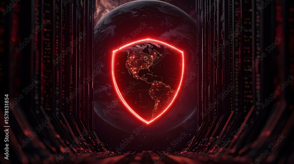 Poster a glowing red shield envelops a digital rendering of earth, set against a backdrop of a dark, futuri
