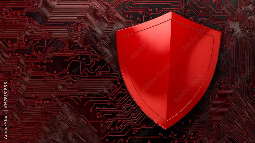 Poster a vibrant red shield rests atop a complex, dark red circuit board, symbolizing robust digital securi