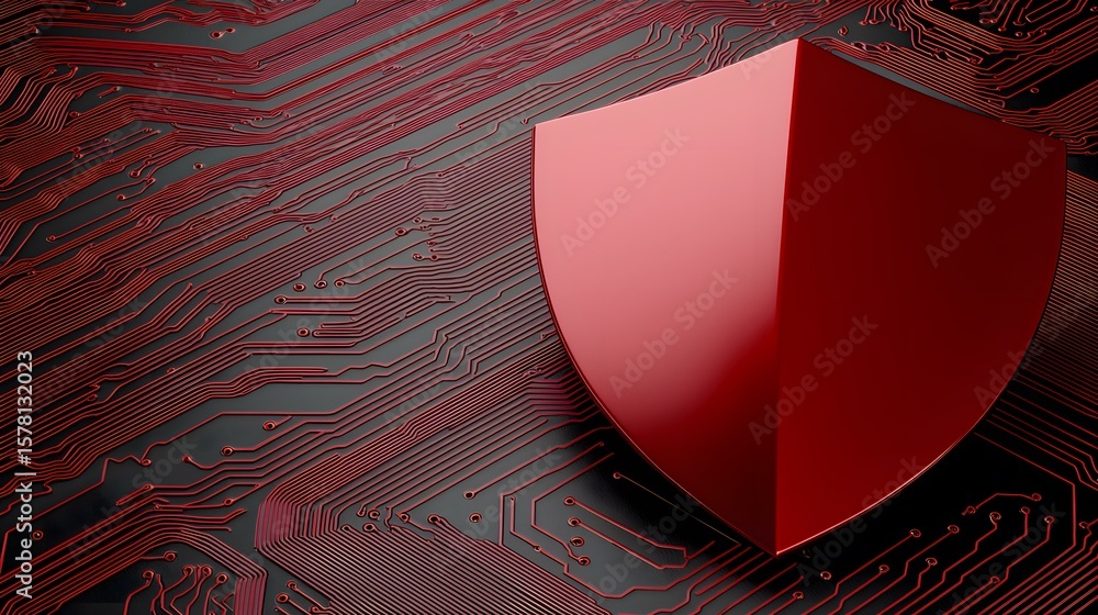 Poster a red, glossy shield rests atop a dark background patterned with red circuit board lines, symbolizin