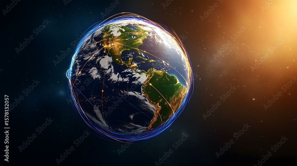 Poster the image shows a digitally enhanced representation of planet earth, centered on the americas, with 