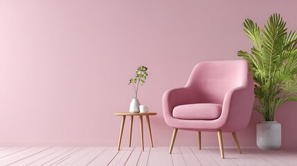 Pink Armchair in Room with Plant and Table
