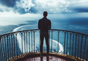 Contemplative Man on a Cliffside Balcony Overlooking a Dramatic Ocean
