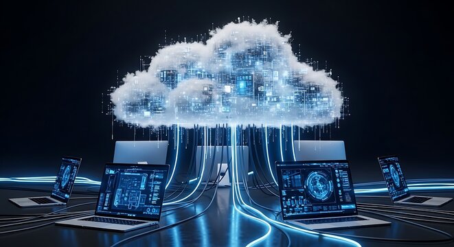 Multiple laptops are connected by glowing blue lines to a luminous cloud formation composed of digital circuits, representing cloud computing and data transfer