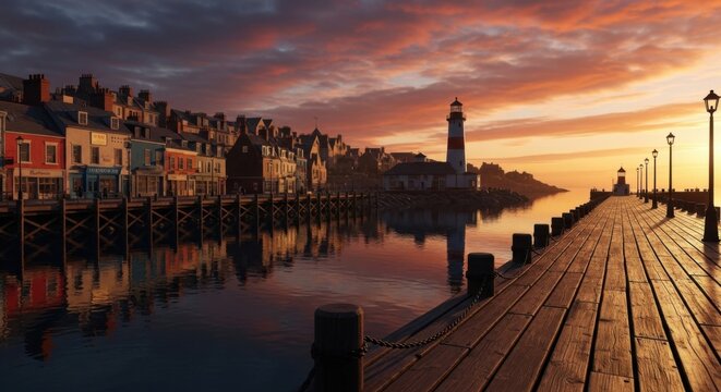 Picturesque Coastal Town Harbor Lighthouse at Sunset Tranquil Water Reflections