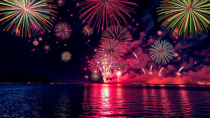 Colorful fireworks display over water reflecting the light in the night sky celebration scene