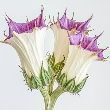 datura stramonium thorn apple plant large trumpetshaped white or purple flowers with spiny seed pods isolated on white transparent background