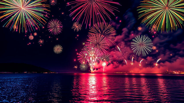 Colorful fireworks display over water reflecting the light in the night sky celebration scene