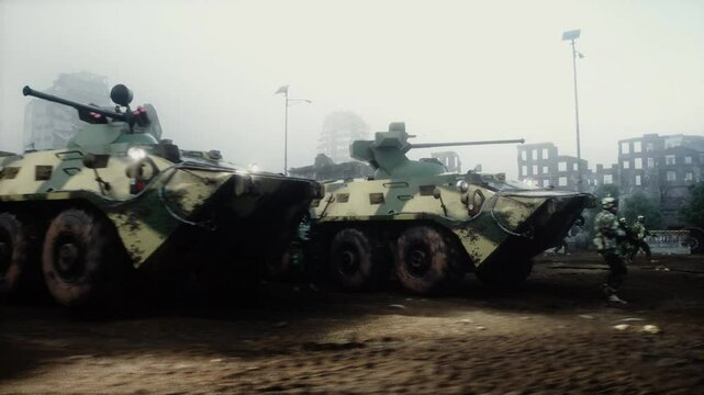 armored infantry vehicles with soldiers in in a ruined city.