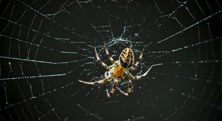 Macro shot of a garden spider on its dew-covered web against a dark background