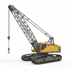Yellow Heavy Construction Crane with Large Hook on White Background
