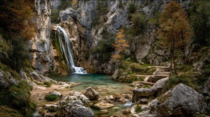 Waterfall cascading into a serene pool