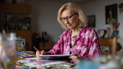 Fototapeta premium Artistic Expression Senior Woman Painting in Cozy Studio Creative Process Indoor Setting Close-Up Perspective Passion for Art