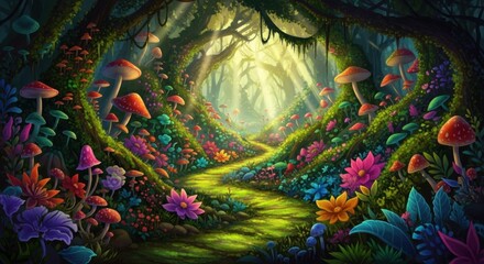 Fototapeta premium Enchanted Forest Path Lined with Vibrant Flowers and Mystical Mushrooms Under Sunlight Rays