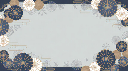 Decorative backdrop features stylized chrysanthemums, snowflakes and clouds in white, blue, grey...