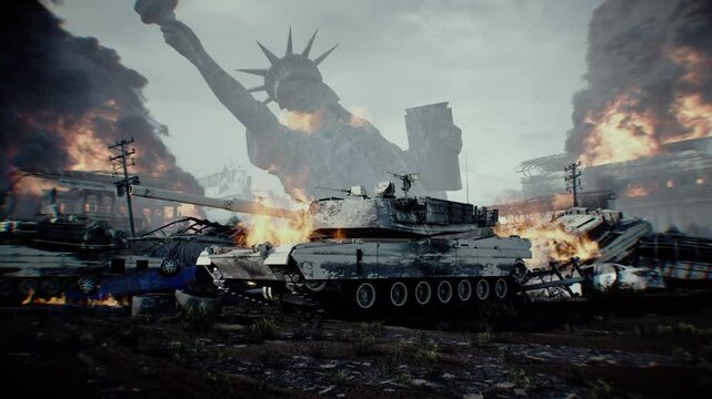 American burning battle tank. apocalyptic. burning city Moscow. Armageddon. 4k animation.