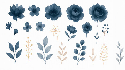 Set of watercolor arrangements featuring garden roses &mdash; a collection of pink flowers, leaves, and branches. Botanical illustrations isolated on a white background.