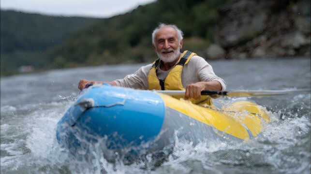 Elderly Man Kayaking on a River Adventure Experience Outdoor Activity Nature Surroundings Action Shot Thrill of Water Sports