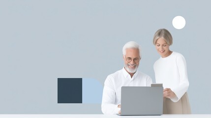 Senior couple engaged in digital communication, smiling while using laptop and smartphone, with soft colors and minimalistic design creating a modern workspace atmosphere