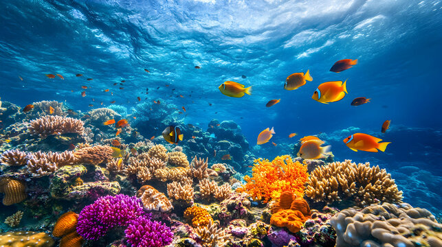 Coral Reef Fish Underwater Scene, Beautiful blue ocean with vibrant coral reef and tropical fish swimming, colorful sea life in a marine environment, undersea ecosystem wildlife adventure background