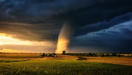 Obraz premium powerful tornado touching down on rural landscape during dramatic sunset with dark clouds and rays of light illuminating the scene