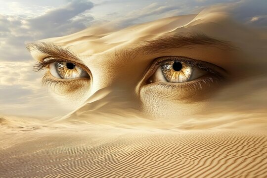 Desert spirit shaped from shifting dunes eyes like twin eclipses