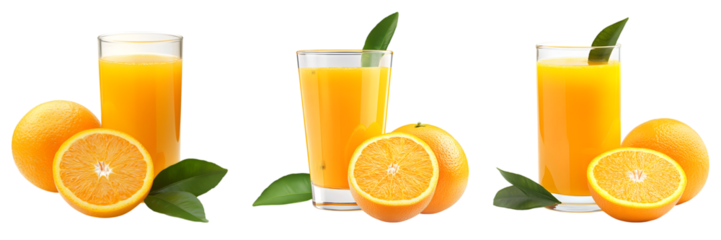 3 Glass of orange juice with whole orange, orange half, and green leaves, isolated on white background