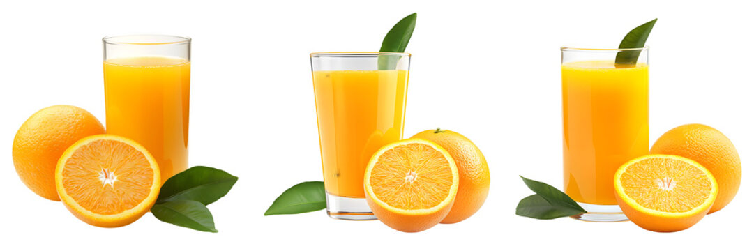 3 Glass of orange juice with whole orange, orange half, and green leaves, isolated on white background - Powered by Adobe