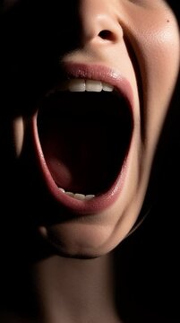 Expressive Mouth Wide Open Reveals Tonsil Stones, Capturing Intense Emotion and Vulnerability in Dramatic Close Up Shot with Strong Contrast