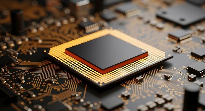 A detailed macro shot of a black central processing unit cpu chip with a golden grid of pins, resting on a complex orange circuit board, representing powerful computer hardware and technology