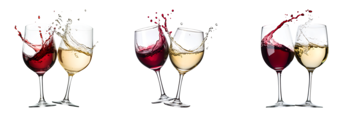 group of  Two wine glasses clinking, red and white wine splashing, isolated on white background