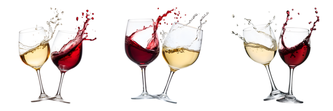 group of  Two wine glasses clinking, red and white wine splashing, isolated on white background