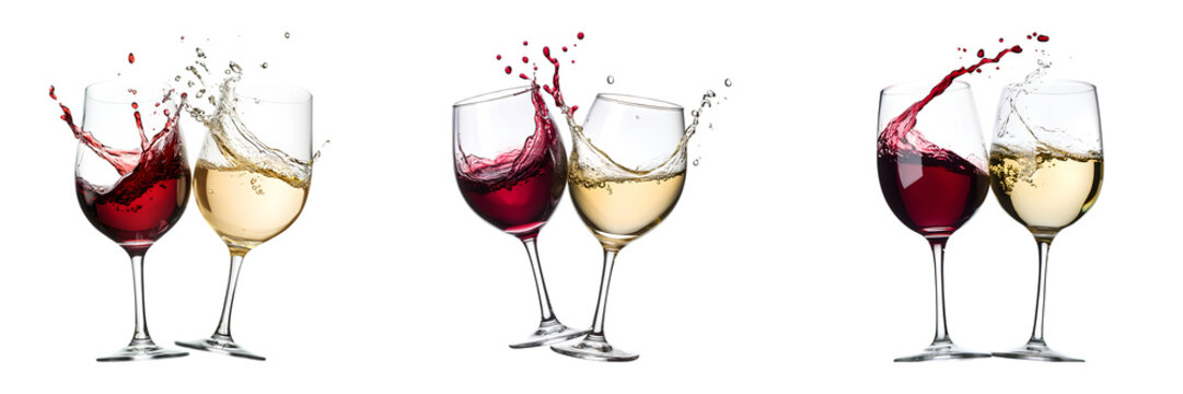 group of  Two wine glasses clinking, red and white wine splashing, isolated on white background - Powered by Adobe