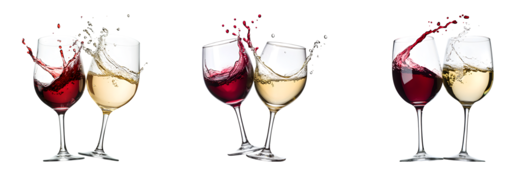 group of  Two wine glasses clinking, red and white wine splashing, isolated on white background