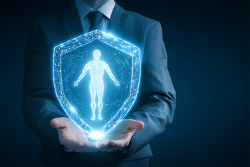 A businessman holding a glowing shield
