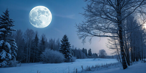 a full moon night over a quiet snowy forest, soft blue tones, realistic style, HD"
